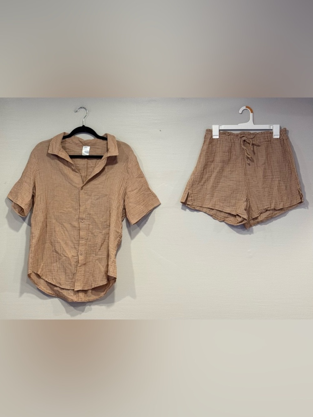 Kona Sol Cover Up Shirt & Short Set Gauze Brown White Striped Women's Small - Picture 13 of 13